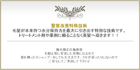 髪質改善特殊技術　毛髪が本来持つ水分保持力を最大に引き出す特別な技術です。トリートメント剤や薬剤に頼ることなく美髪へ導きます！！縮毛矯正の施術後毛髪は常に安定した状態になるので髪を縛ったりシャンプーをしても大丈夫です、クセが戻ったりしないのでご安心してご来店して下さい♪