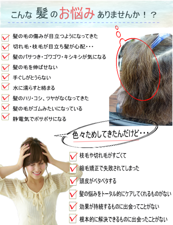 こんな髪のお悩みありませんか！？髪の毛の傷みが目立つようになってきた、切れ毛・枝毛が目立ち髪が心配・・・、髪のパサつき・ゴワゴワ・キシキシが気になる、髪の毛を伸ばせない、手ぐしがとうらない、水に濡らすと絡まる、髪のハリ・コシ、ツヤがなくなってきた、髪の毛がゴムみたいになっている、静電気でボサボサになる、枝毛や切れ毛がすごくて、縮毛矯正で失敗されてしまった、頭皮がベタベタする、髪の悩みをトータル的にケアしてくれるものがない、効果が持続するものに出会ってことがない、根本的に解決できるものに出会ったことがない